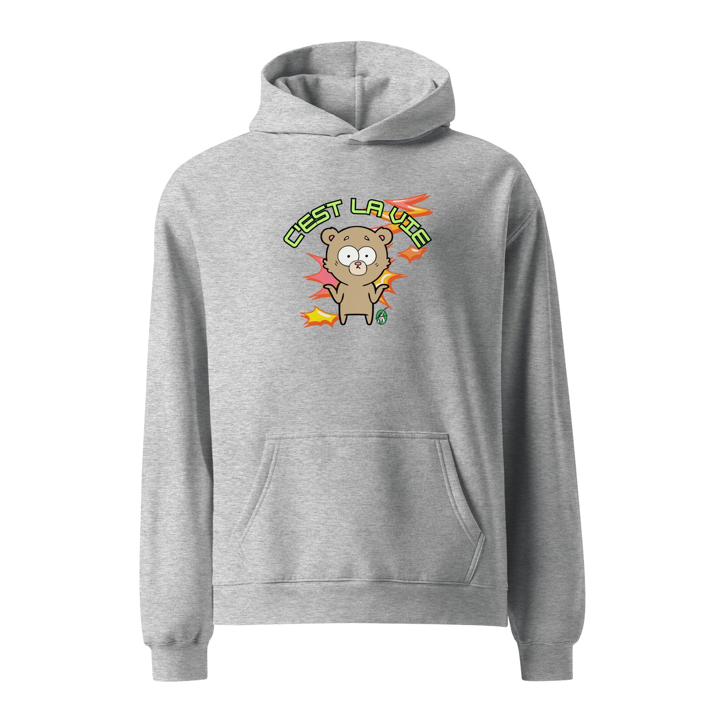A unisex grey hoodie by Wizard Prints featuring a printed graphic of a shrugging cartoon bear and the words, C'est La Vie.