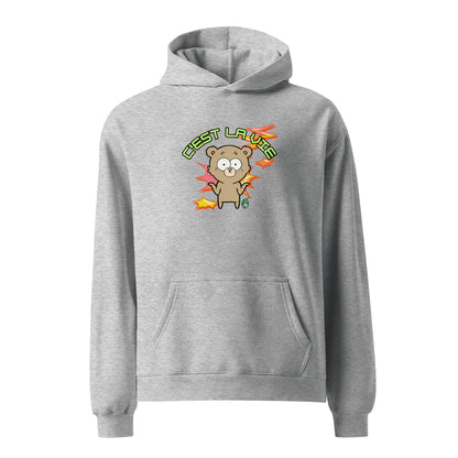A unisex grey hoodie by Wizard Prints featuring a printed graphic of a shrugging cartoon bear and the words, C'est La Vie.