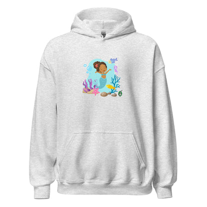 A unisex grey hoodie featuring a  curly mermaid design surrounded by sea creatures and water. Designed  Wizard Prints creation.