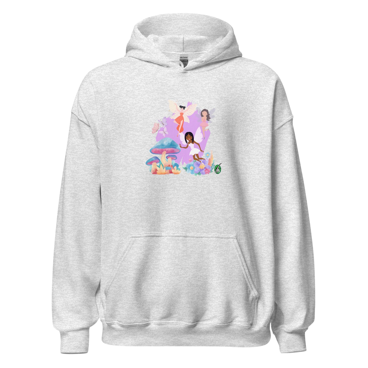 A unisex grey hoodie featuring a graphic of fairies flying over mushrooms, designed by Wizard Prints.