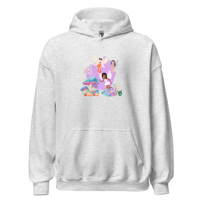 A unisex grey hoodie featuring a graphic of fairies flying over mushrooms, designed by Wizard Prints.