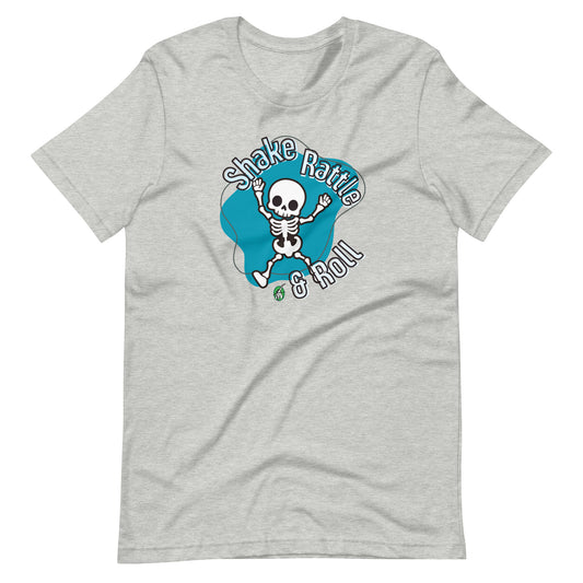 A Wizard Prints Halloween T-Shirt in army green with a printed graphic on the front of a skeleton dancing saying shake rattle and roll!