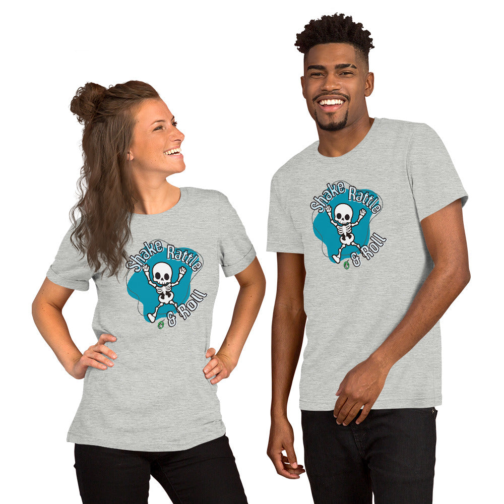 A man and woman standing wearing a Wizard Prints Halloween tee shirt in grey with a printed graphic on the front of a skeleton dancing saying shake rattle and roll!