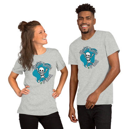 A man and woman standing wearing a Wizard Prints Halloween tee shirt in grey with a printed graphic on the front of a skeleton dancing saying shake rattle and roll!