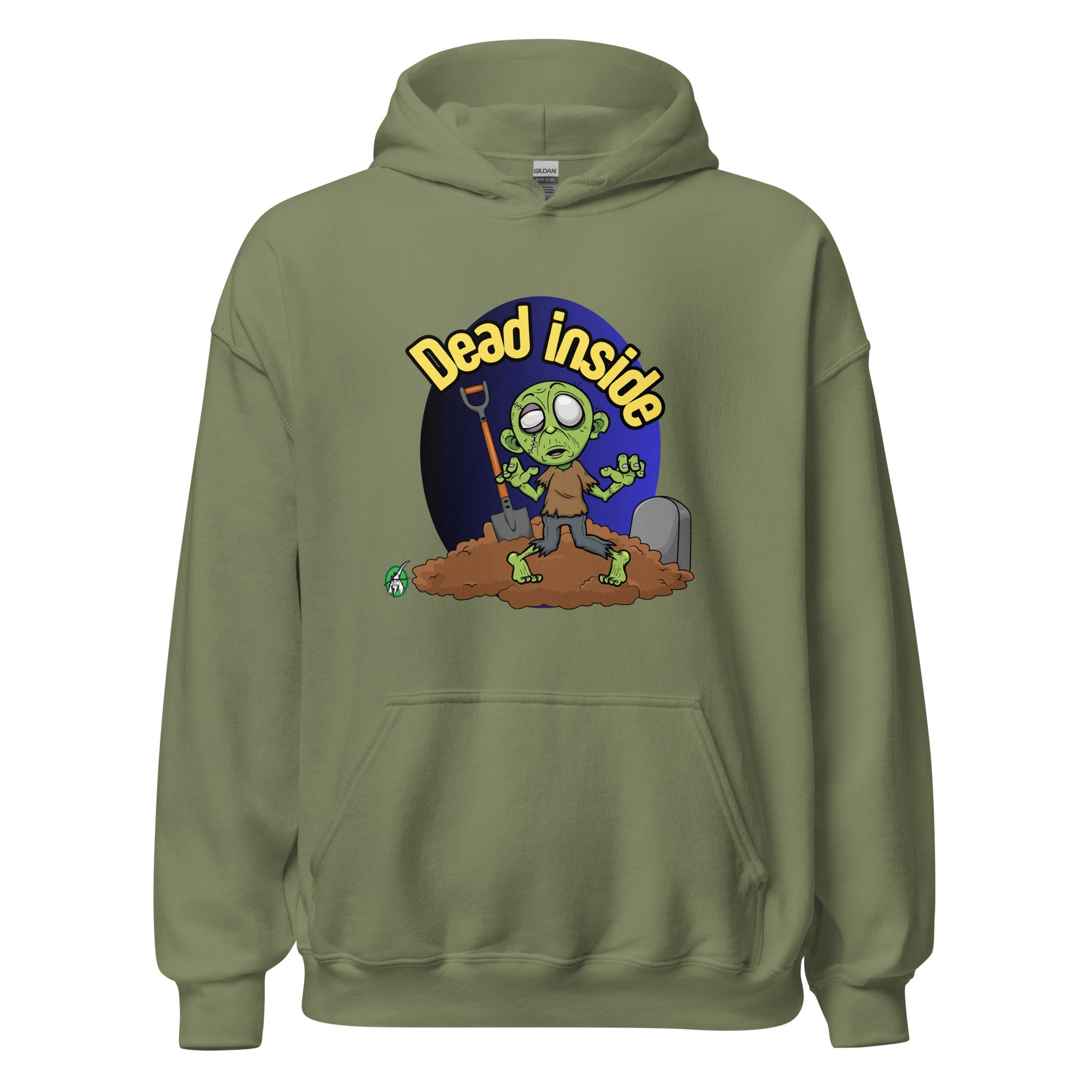 A Wizard Prints Halloween hoodie in military green with a printed graphic on the front of a zombie at a gravesite saying Dead Inside