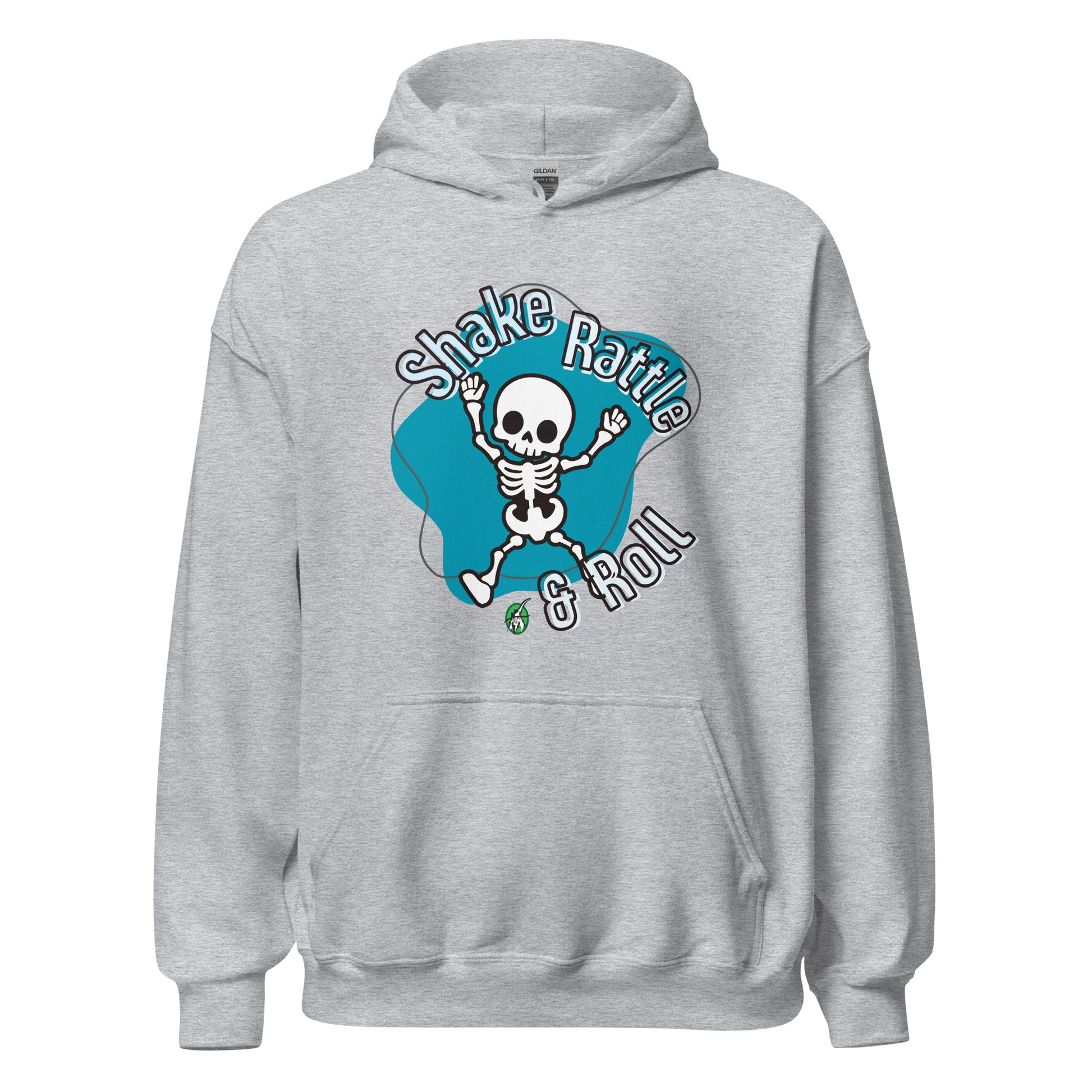 A Wizard Prints Halloween hoodie in grey with a printed graphic on the front of a Skeleton dancing saying Shake Rattle and Roll!