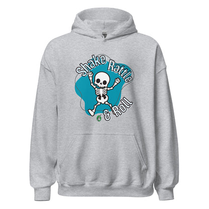 A Wizard Prints Halloween hoodie in grey with a printed graphic on the front of a Skeleton dancing saying Shake Rattle and Roll!