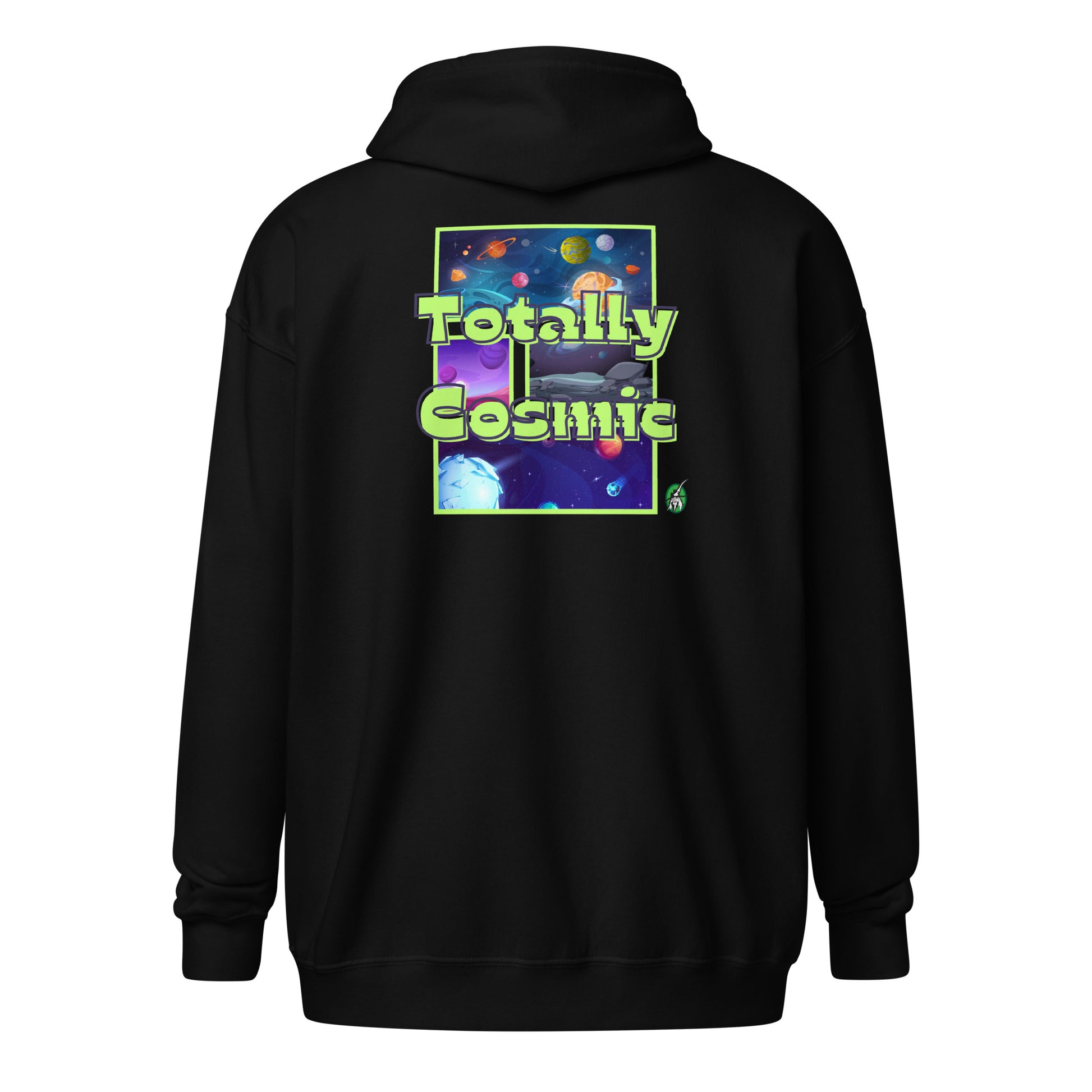 Men's black zip through hoodie with a graphic on the back of the cosmos and the words Totally Cosmic, by Wizard Prints