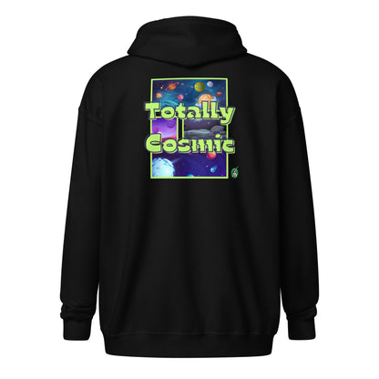 Men's black zip through hoodie with a graphic on the back of the cosmos and the words Totally Cosmic, by Wizard Prints