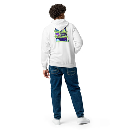 A man standing wearing a white zip through hoodie with a graphic with a graphic on the back of the cosmos and the words Totally Cosmic, by Wizard Prints