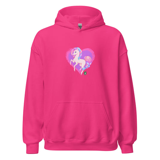 A unisex heliconia pink hoodie featuring a graphic of a pink unicorn on a purple heart background, designed by Wizard Prints.
