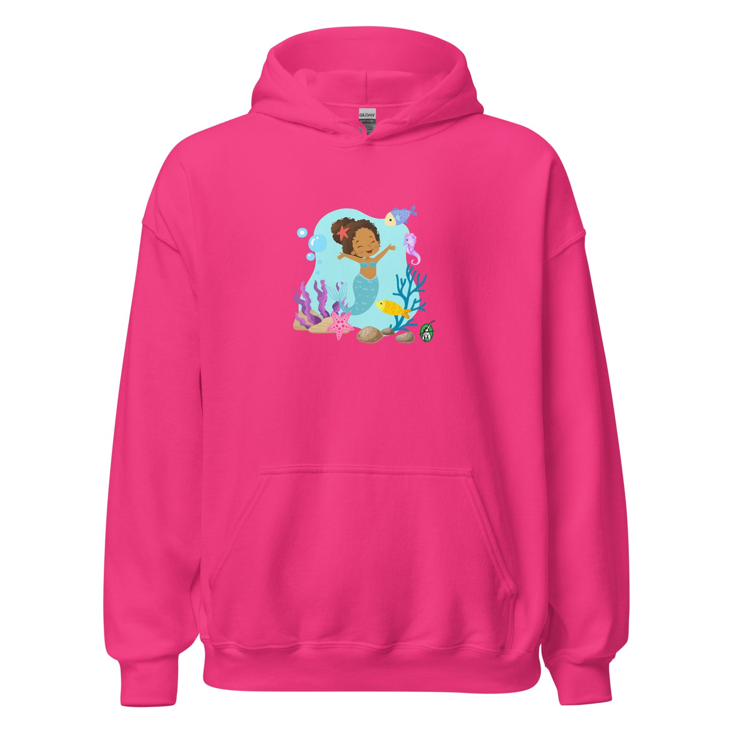 A unisex heliconia pink hoodie featuring a  curly mermaid design surrounded by sea creatures and water. Designed  Wizard Prints creation.