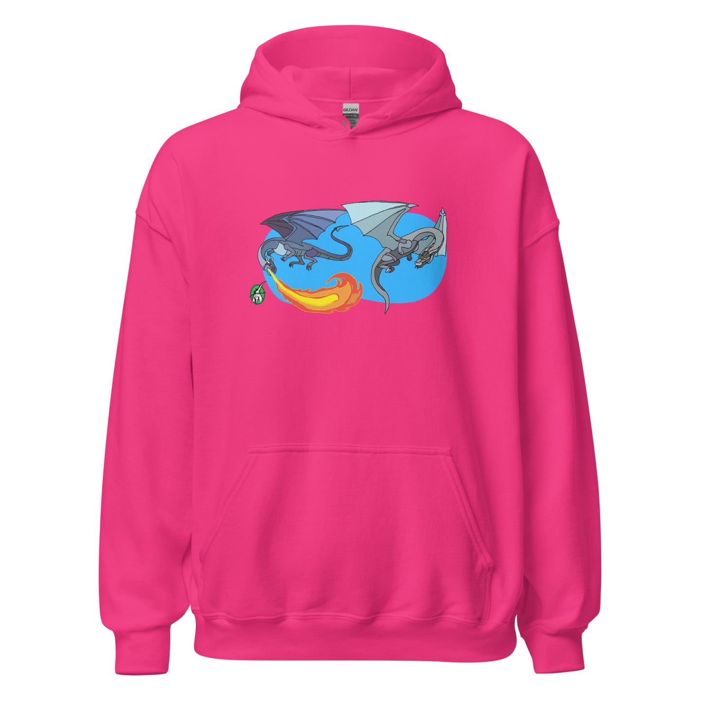 A unisex heliconia pink hoodie featuring a graphic of two flying fiery dragons, designed by Wizard Prints.