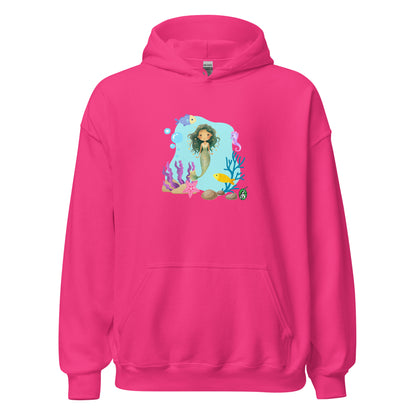 A unisex heliconia pink hoodie featuring a mermaid design surrounded by sea creatures and water. Designed Wizard Prints creation.