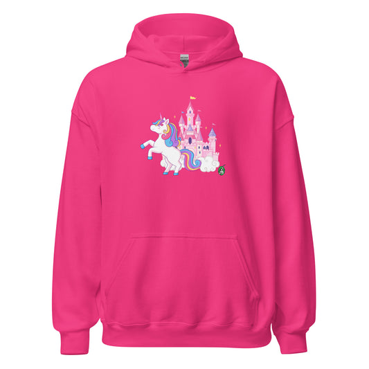 A unisex heliconia pink hoodie featuring a graphic of a unicorn in front of a castle, designed by Wizard Prints.