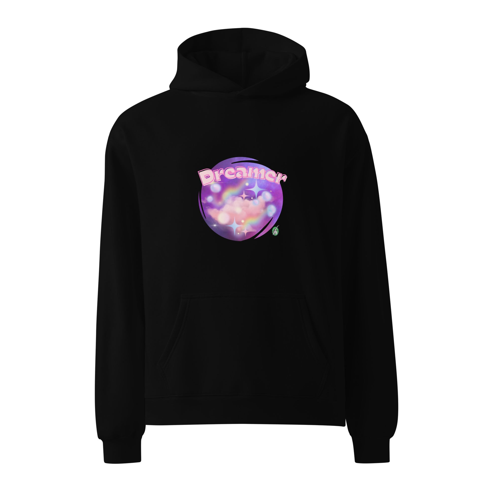 A unisex black hoodie by Wizard Prints featuring a printed graphic of a galaxy background and the word Dreamer on top.