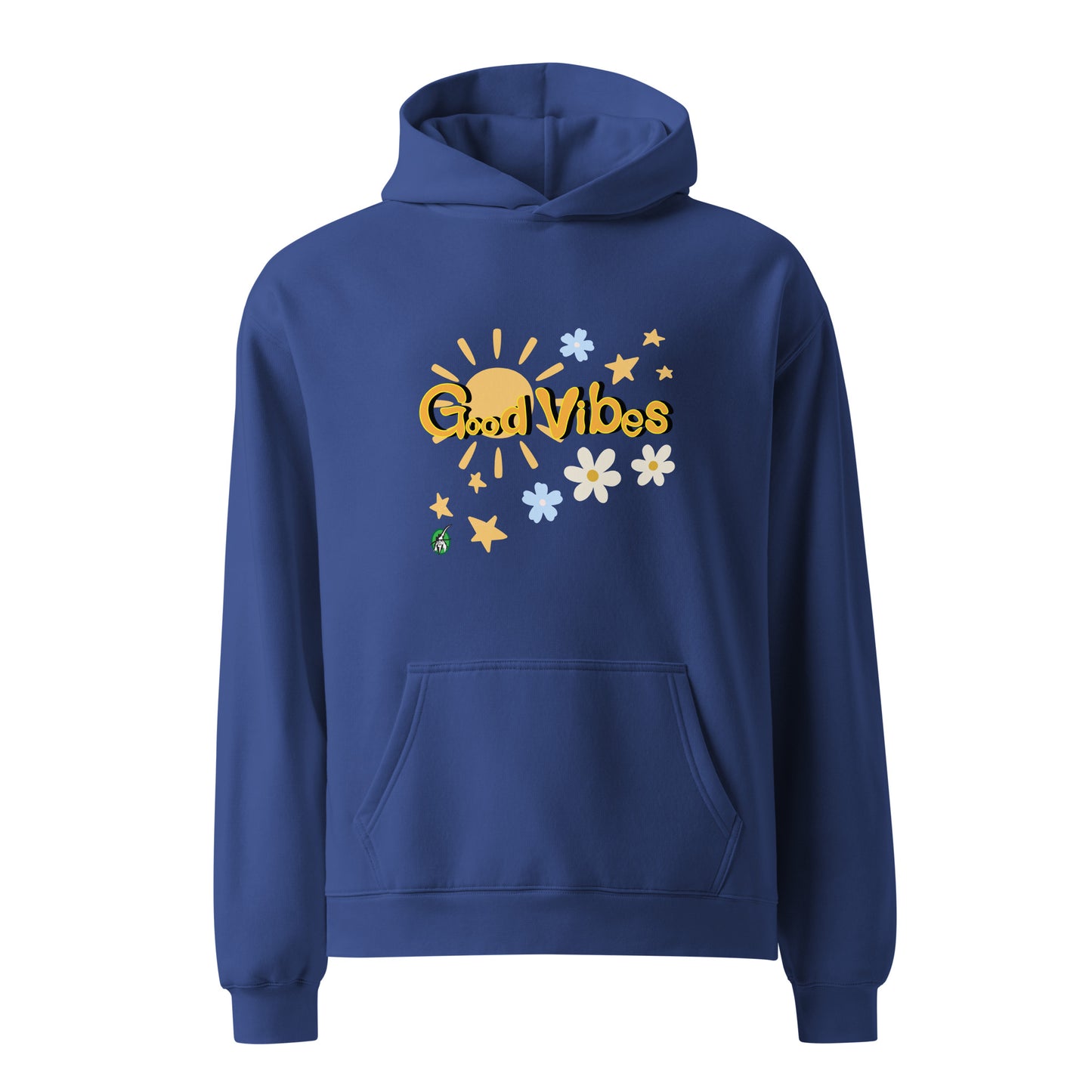 A unisex blue hoodie by Wizard Prints featuring a printed graphic of the sun, flowers, stars and the words, 'Good Vibes'.
