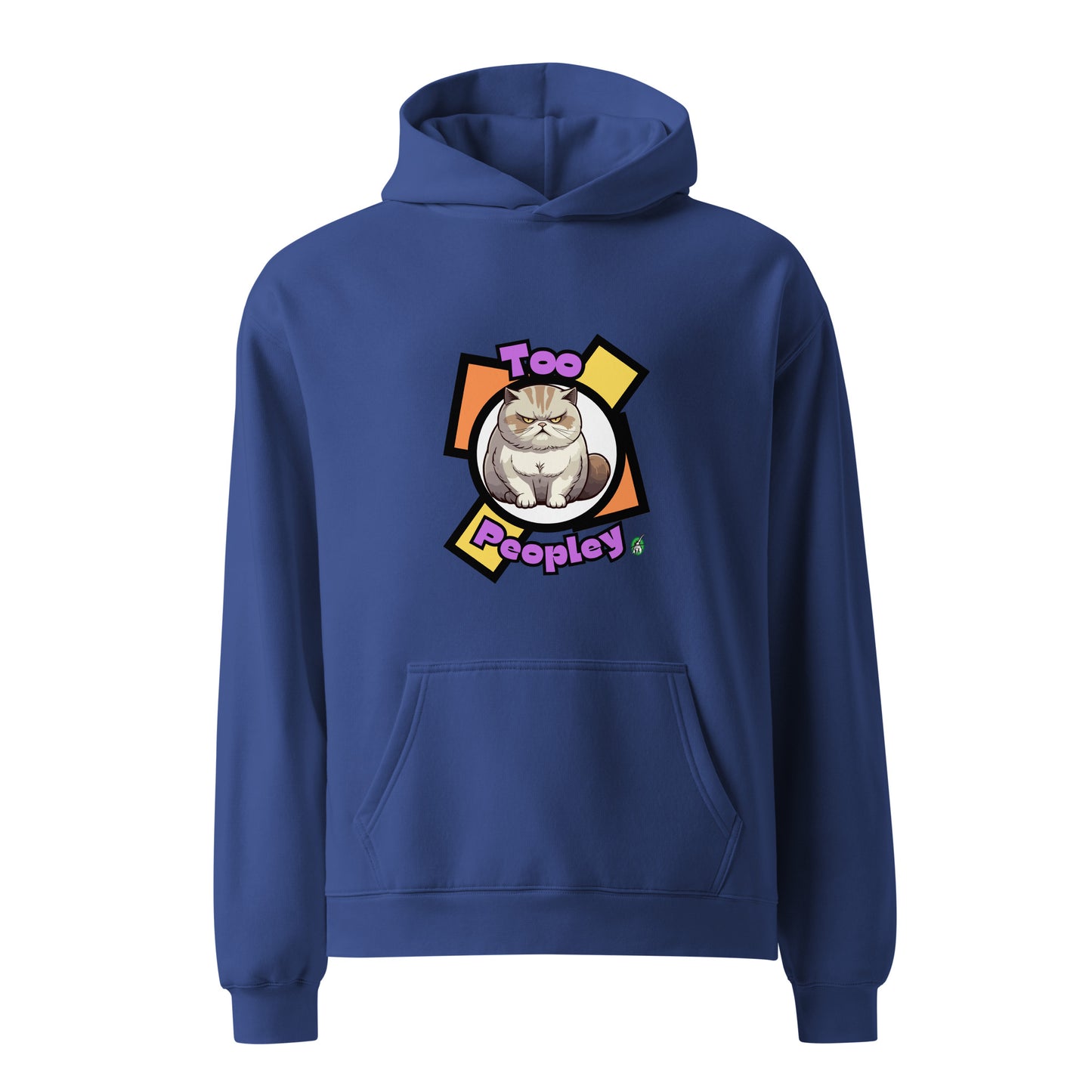 A unisex blue hoodie by Wizard Prints featuring a printed graphic of a grumpy cat with the words, Too Peopley.