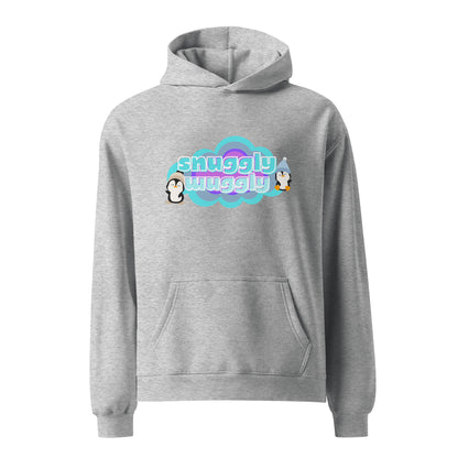 Grey unisex hoodie with a graphic print of a couple of pequins in a cloud with the words, snuggly wuggly