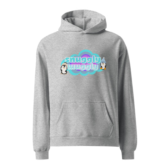 Grey unisex hoodie with a graphic print of a couple of pequins in a cloud with the words, snuggly wuggly