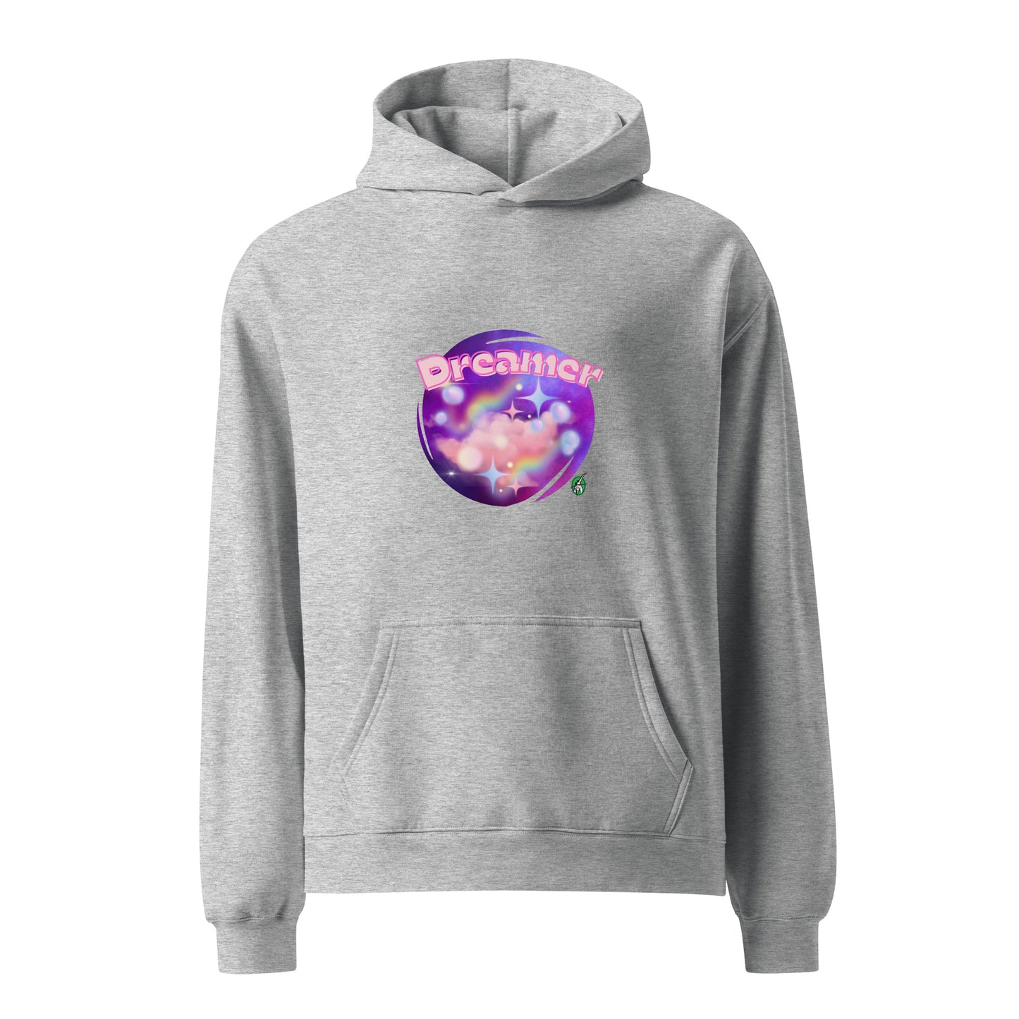 A unisex grey hoodie by Wizard Prints featuring a printed graphic of a galaxy background and the word Dreamer on top.