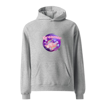 A unisex grey hoodie by Wizard Prints featuring a printed graphic of a galaxy background and the word Dreamer on top.