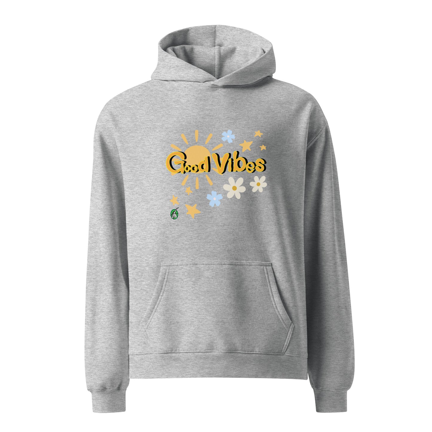 A unisex grey hoodie by Wizard Prints featuring a printed graphic of the sun, flowers, stars and the words, 'Good Vibes'.