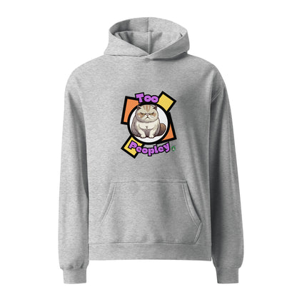 A unisex grey hoodie by Wizard Prints featuring a printed graphic of a grumpy cat with the words, Too Peopley.
