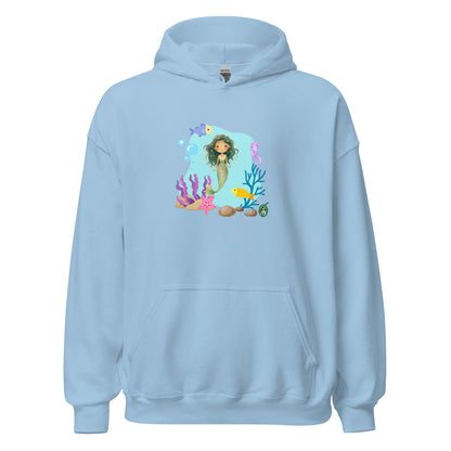 A unisex light blue hoodie featuring a mermaid design surrounded by sea creatures and water. Designed Wizard Prints creation.