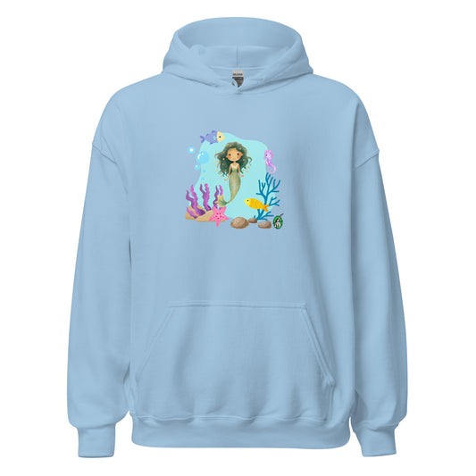A unisex light blue hoodie featuring a mermaid design surrounded by sea creatures and water. Designed Wizard Prints creation.