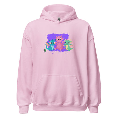 A unisex light pink hoodie featuring a graphic of three colorful cartoon dragons, designed by Wizard Prints.