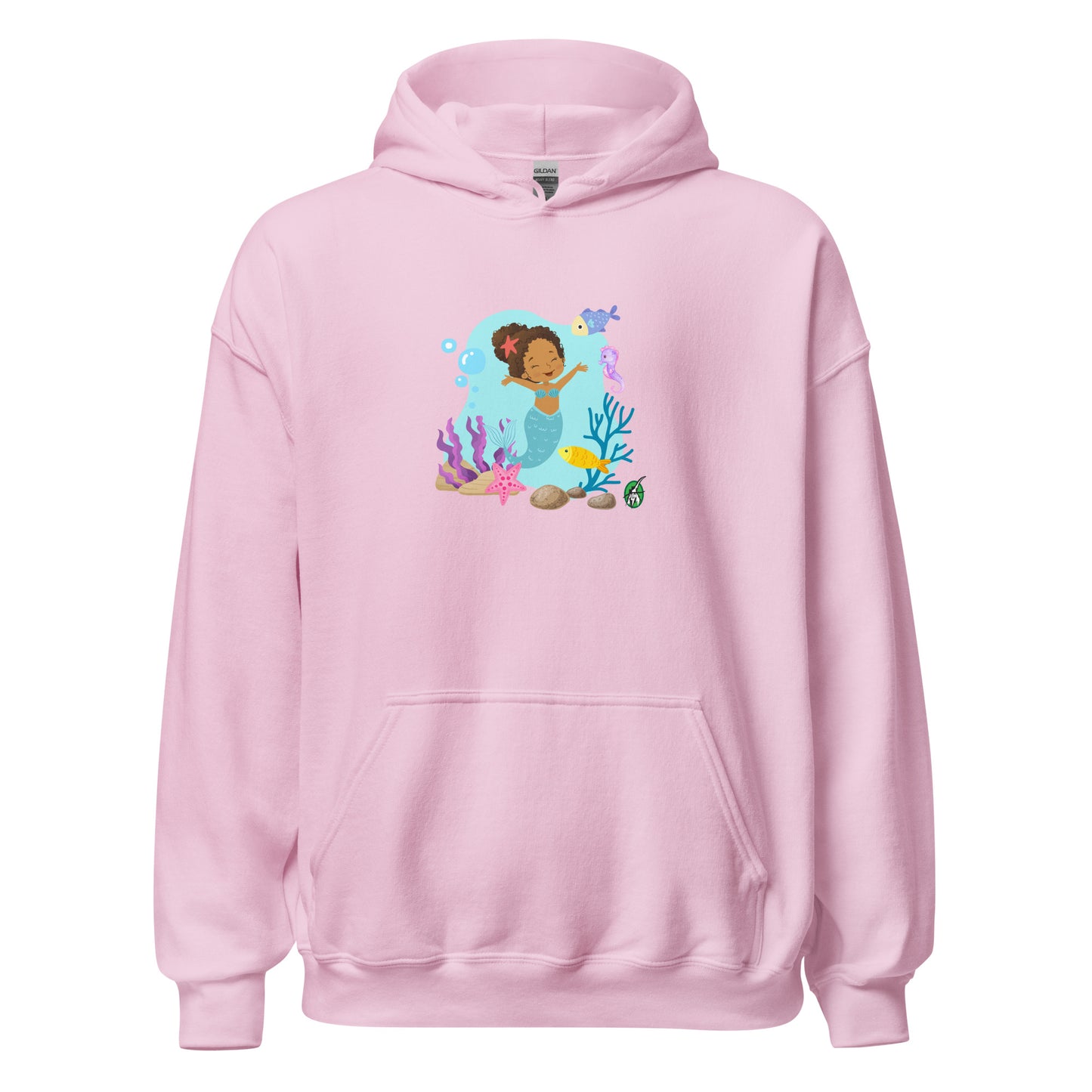 A unisex light pink hoodie featuring a  curly mermaid design surrounded by sea creatures and water. Designed  Wizard Prints creation.