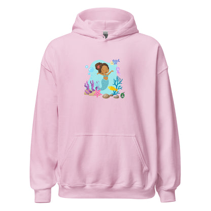 A unisex light pink hoodie featuring a  curly mermaid design surrounded by sea creatures and water. Designed  Wizard Prints creation.