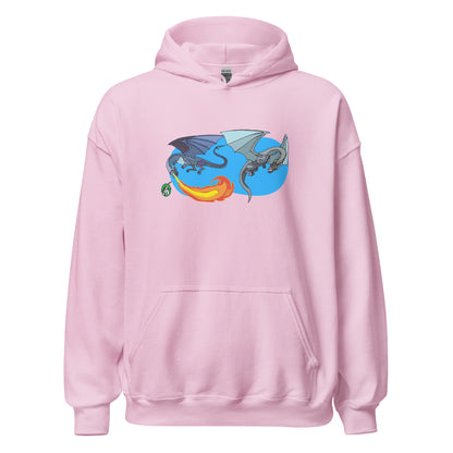 A unisex light pink hoodie featuring a graphic of two flying fiery dragons, designed by Wizard Prints.