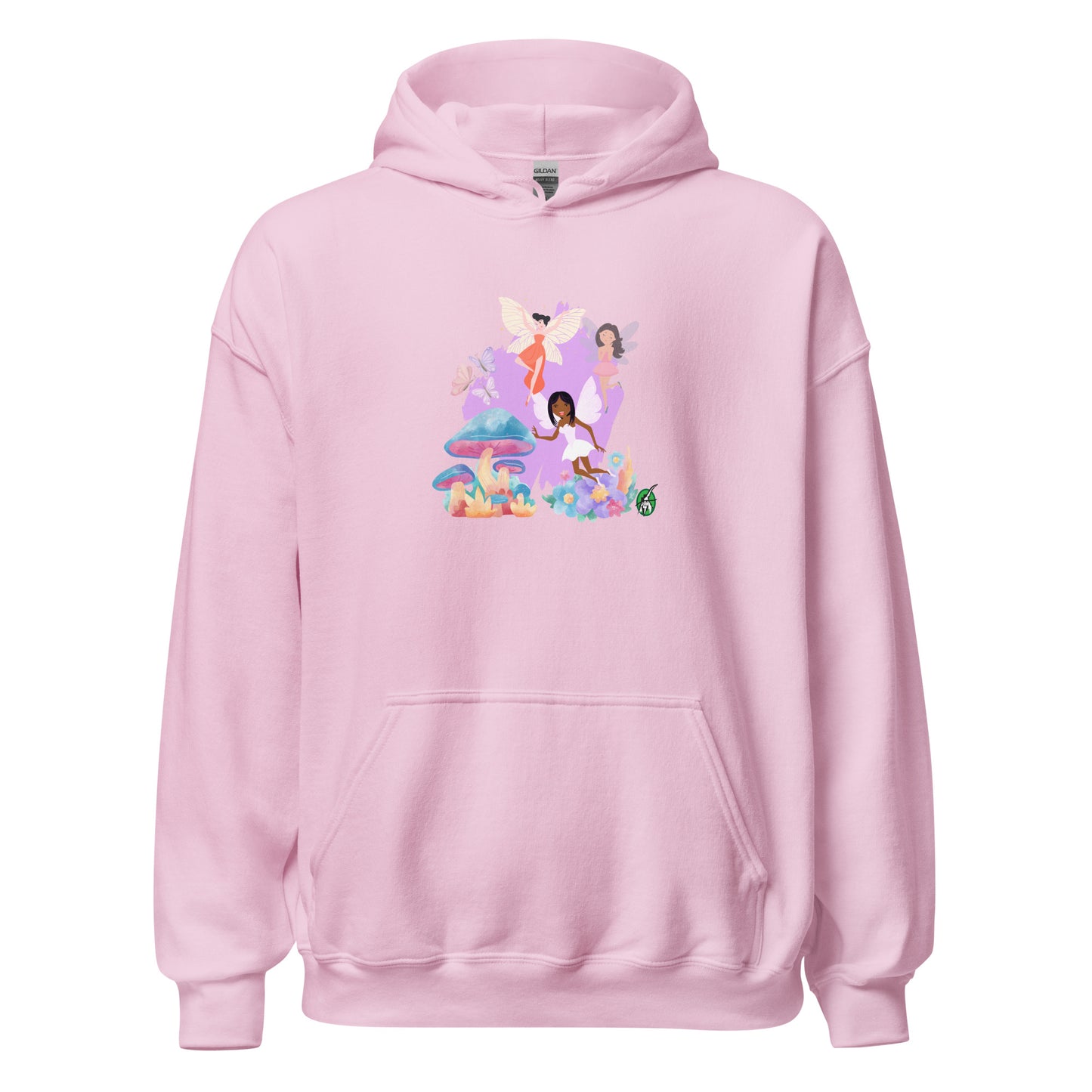 A unisex light pink hoodie featuring a graphic of fairies flying over mushrooms, designed by Wizard Prints.
