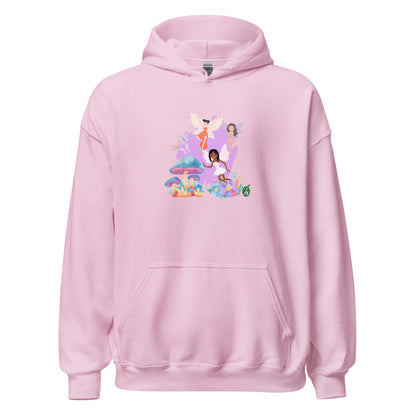 A unisex light pink hoodie featuring a graphic of fairies flying over mushrooms, designed by Wizard Prints.
