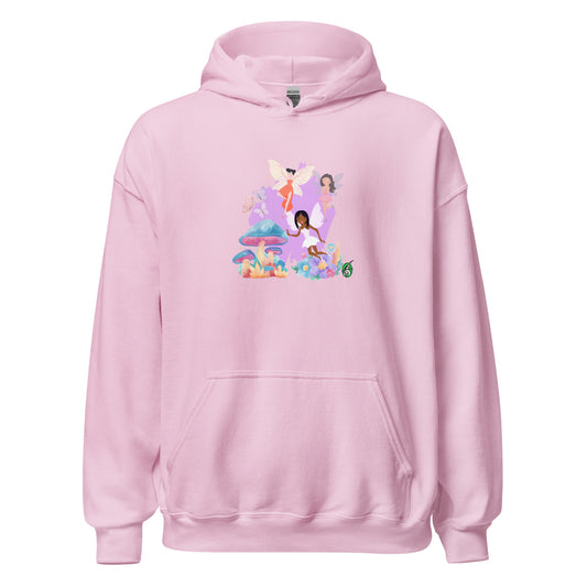 A unisex light pink hoodie featuring a graphic of fairies flying over mushrooms, designed by Wizard Prints.
