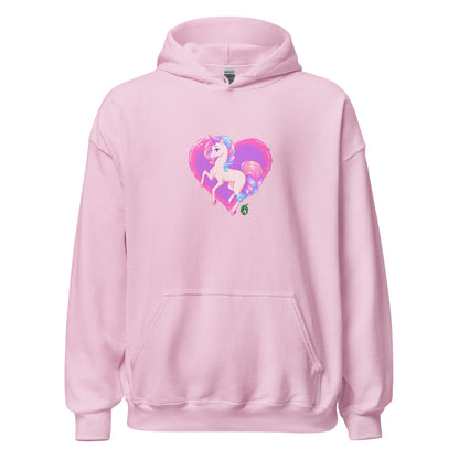A unisex light pink hoodie featuring a graphic of a pink unicorn on a purple heart background, designed by Wizard Prints.
