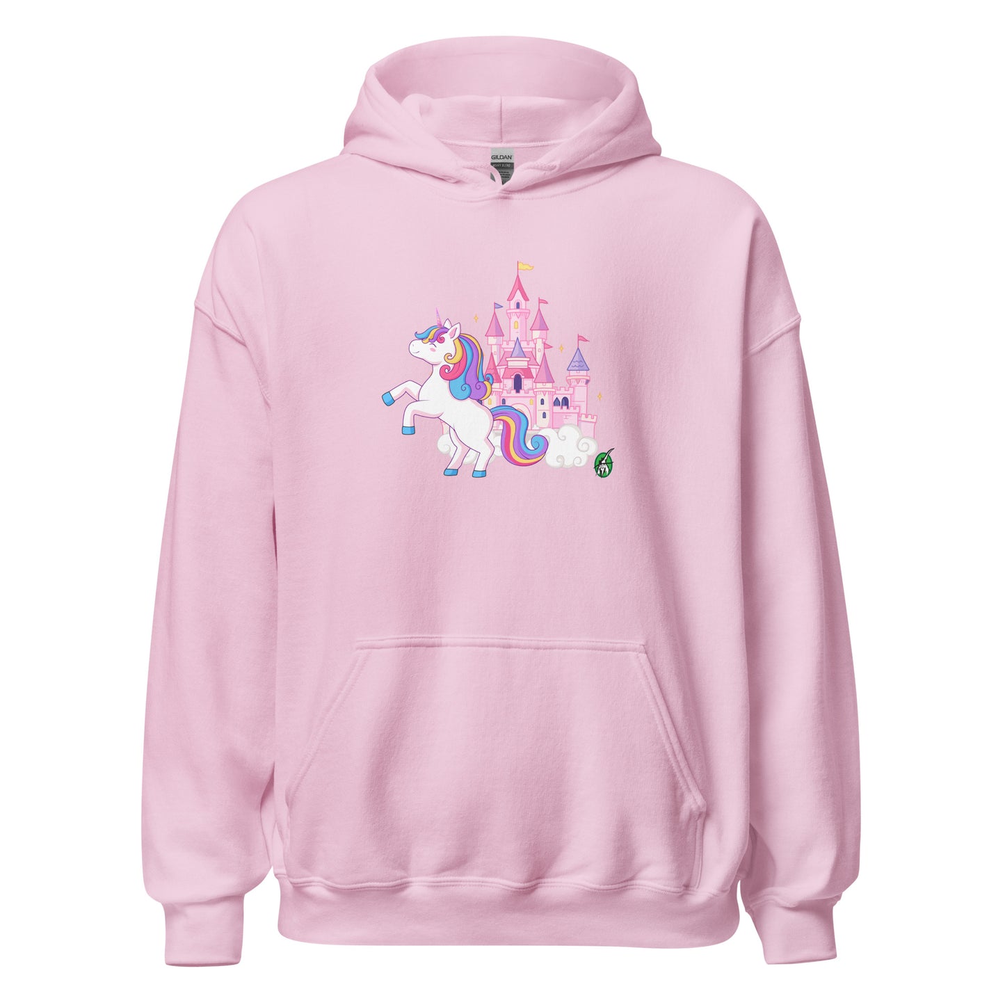 A unisex light pink hoodie featuring a graphic of a unicorn in front of a castle, designed by Wizard Prints.