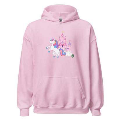 A unisex light pink hoodie featuring a graphic of a unicorn in front of a castle, designed by Wizard Prints.