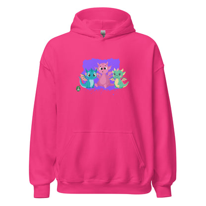 A unisex pink hoodie featuring a graphic of three colorful cartoon dragons, designed by Wizard Prints.