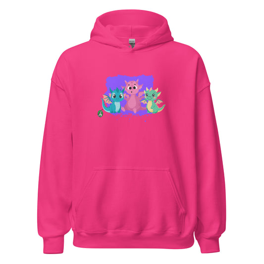A unisex pink hoodie featuring a graphic of three colorful cartoon dragons, designed by Wizard Prints.