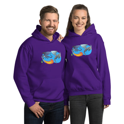 A man and a woman standing wearing a purple hoodie featuring a graphic of two flying fiery dragons, designed by Wizard Prints.