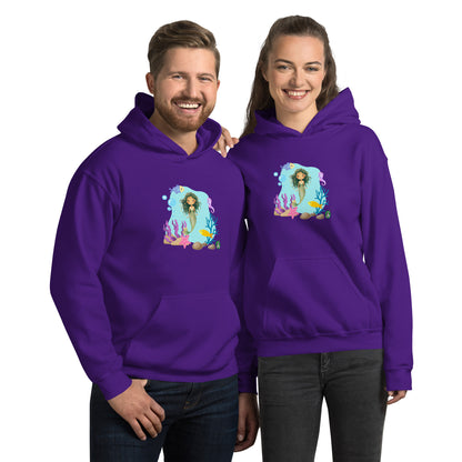 A man and a woman standing wearing a purple hoodie featuring a mermaid design surrounded by sea creatures and water. Designed Wizard Prints creation.