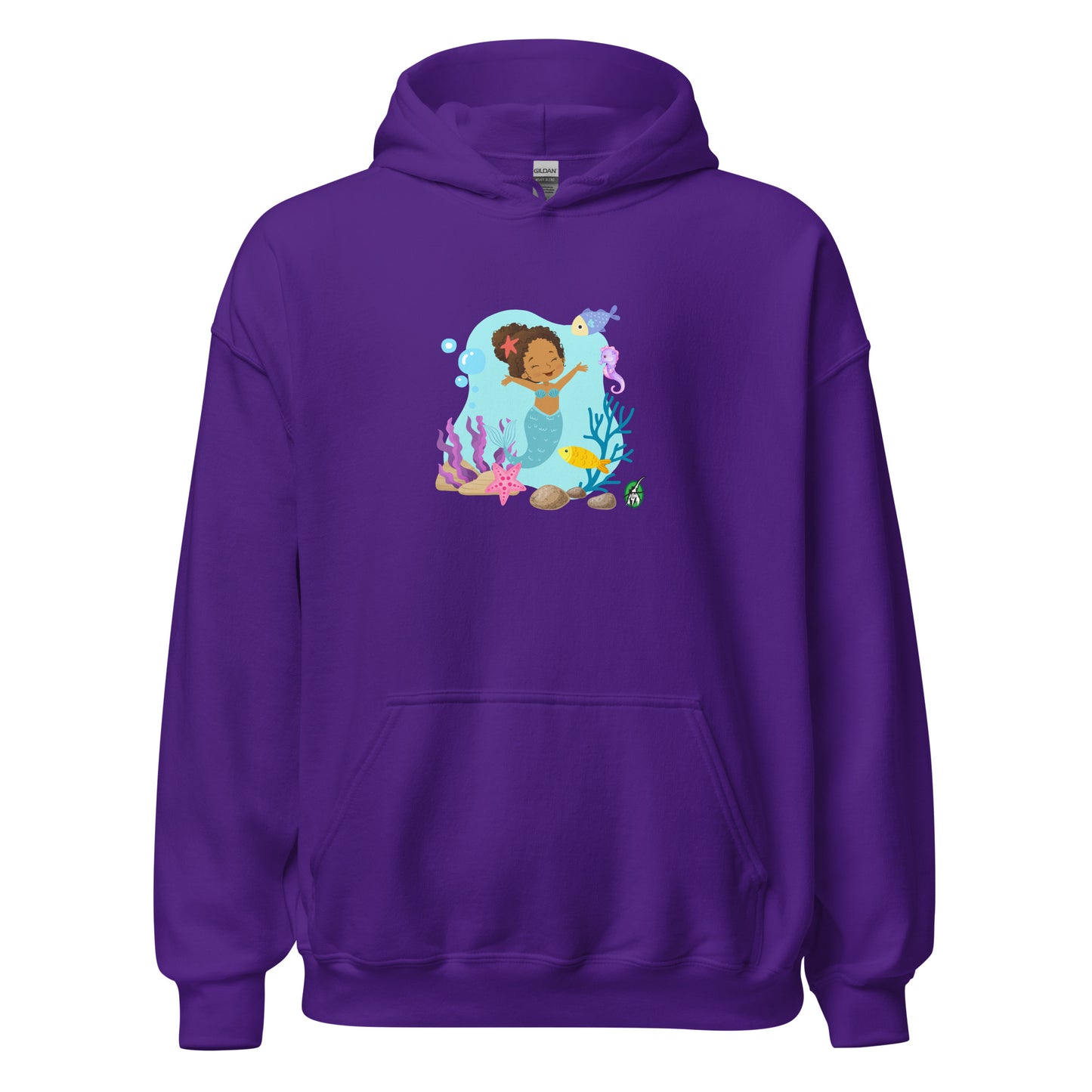 A unisex purple hoodie featuring a  curly mermaid design surrounded by sea creatures and water. Designed  Wizard Prints creation.