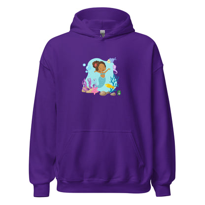 A unisex purple hoodie featuring a  curly mermaid design surrounded by sea creatures and water. Designed  Wizard Prints creation.
