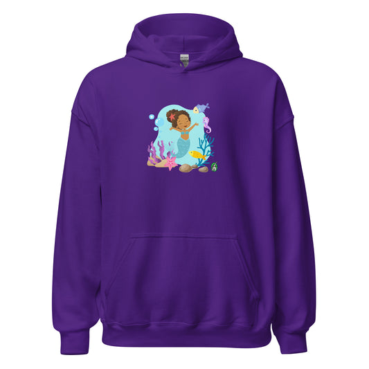 A unisex purple hoodie featuring a  curly mermaid design surrounded by sea creatures and water. Designed  Wizard Prints creation.