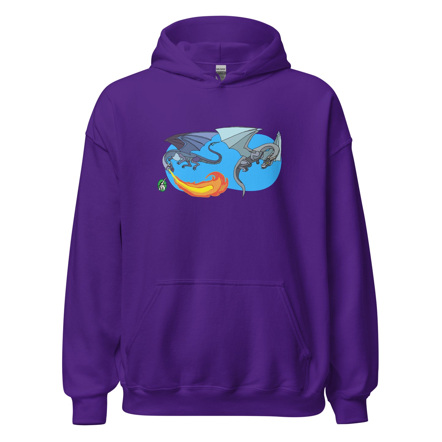 A unisex purple hoodie featuring a graphic of two flying fiery dragons, designed by Wizard Prints.