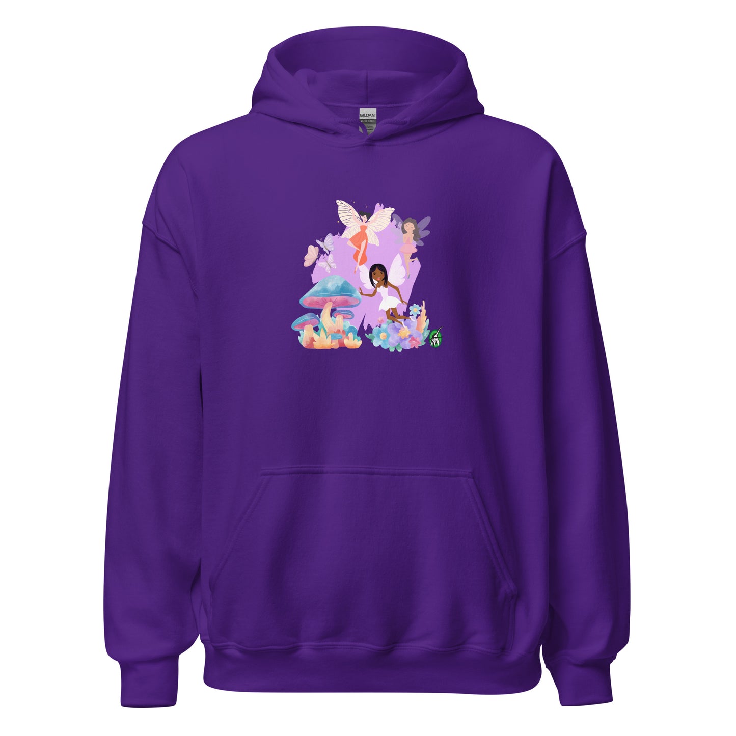 A unisex purple hoodie featuring a graphic of fairies flying over mushrooms, designed by Wizard Prints.