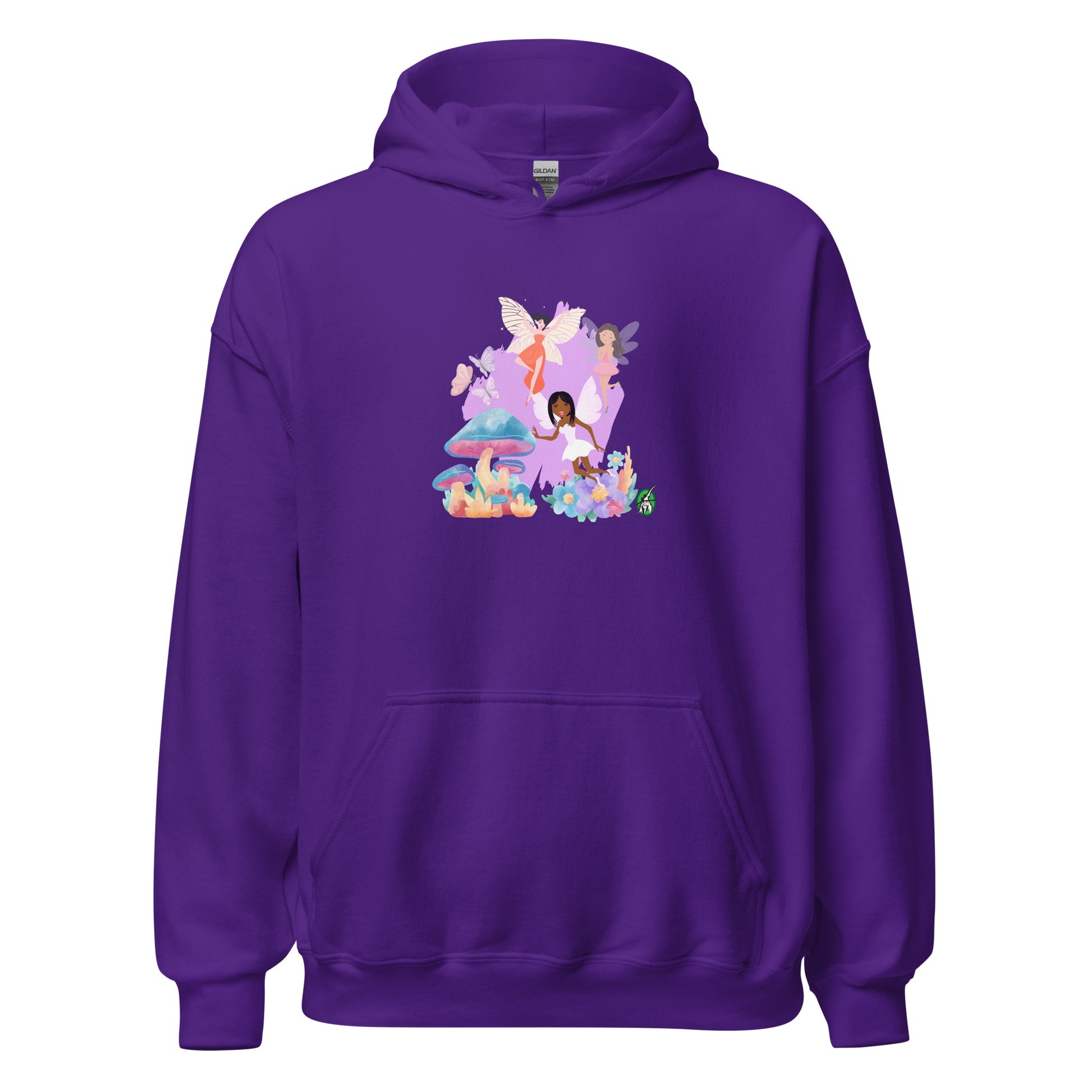 A unisex purple hoodie featuring a graphic of fairies flying over mushrooms, designed by Wizard Prints.